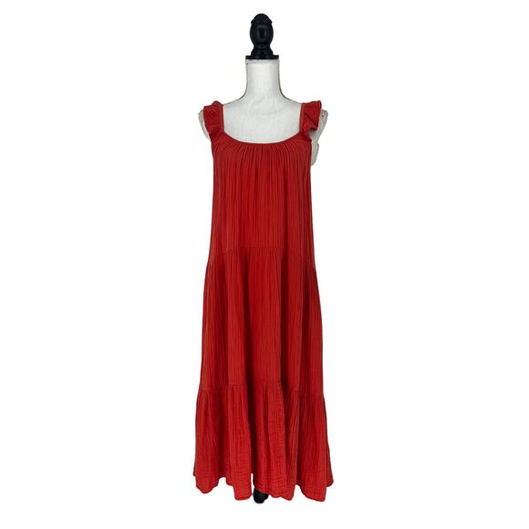 Xirena Rumer Scoop Neck Flutter Sleeve Gauze Tiered Midi Dress in Paprika - Picture 2 of 14
